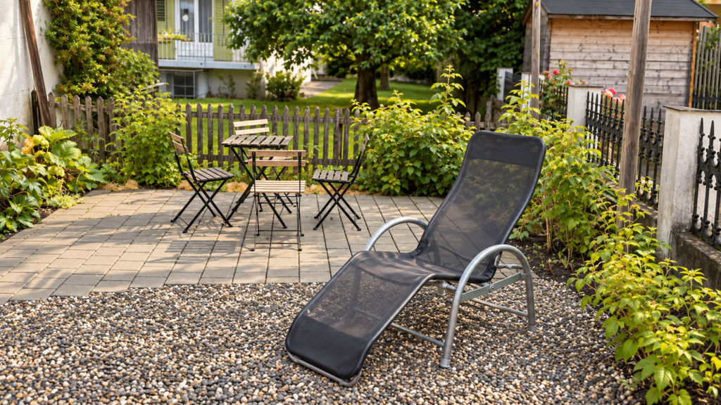 Ein freier Liegestuhl neben dem Sitzplatz im grünen Garten der Kurzauszeit.